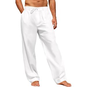 imageRuncati Mens Linen Cotton Casual Pants Elastic Waist Drawstring Lightweight Pants Loose Fit Summer Beach Yoga TrousersWhite