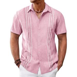 imageRuncati Mens Cuban Guayabera Shirts Short Sleeve Button Down Casual Summer Beach Wedding Embroidered Linen TopsPink