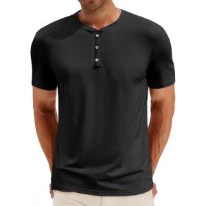 imageRuncati Mens Henley Shirt Short Sleeve Casual Button Basic Tees Slim Fit Stretch Summer T ShirtsBlack