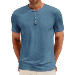 imageRuncati Mens Henley Shirt Short Sleeve Casual Button Basic Tees Slim Fit Stretch Summer T ShirtsBluish Grey
