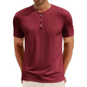 imageRuncati Mens Henley Shirt Short Sleeve Casual Button Basic Tees Slim Fit Stretch Summer T ShirtsBurgundy