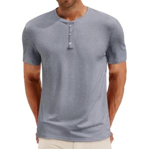 imageRuncati Mens Henley Shirt Short Sleeve Casual Button Basic Tees Slim Fit Stretch Summer T ShirtsDark Grey