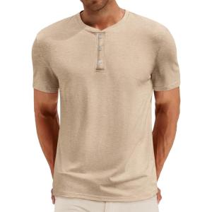 imageRuncati Mens Henley Shirt Short Sleeve Casual Button Basic Tees Slim Fit Stretch Summer T ShirtsKhaki