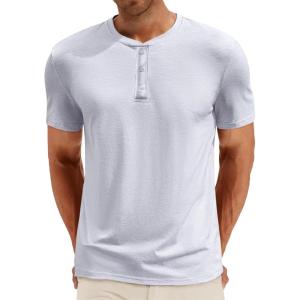 imageRuncati Mens Henley Shirt Short Sleeve Casual Button Basic Tees Slim Fit Stretch Summer T ShirtsLight Grey
