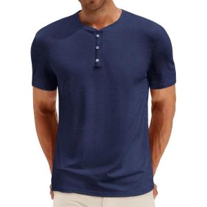 imageRuncati Mens Henley Shirt Short Sleeve Casual Button Basic Tees Slim Fit Stretch Summer T ShirtsNavy