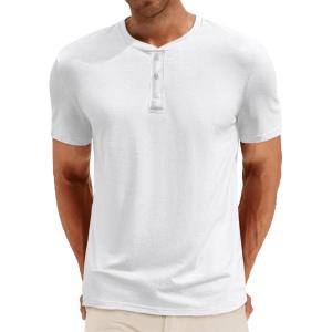 imageRuncati Mens Henley Shirt Short Sleeve Casual Button Basic Tees Slim Fit Stretch Summer T ShirtsWhite
