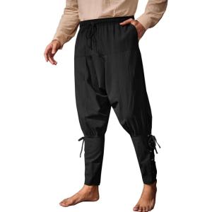 imageRuncati Mens Medieval Ankle Banded Pants Renaissance Viking Pirate Navigator Pants Lace Up Cotton Halloween TrousersBlack