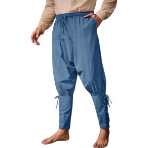 imageRuncati Mens Medieval Ankle Banded Pants Renaissance Viking Pirate Navigator Pants Lace Up Cotton Halloween TrousersBluish Gray