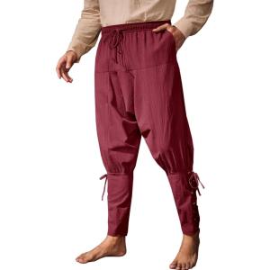 imageRuncati Mens Medieval Ankle Banded Pants Renaissance Viking Pirate Navigator Pants Lace Up Cotton Halloween TrousersBurgundy