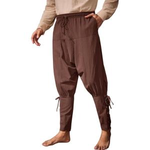 imageRuncati Mens Medieval Ankle Banded Pants Renaissance Viking Pirate Navigator Pants Lace Up Cotton Halloween TrousersCoffee