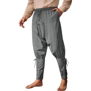 imageRuncati Mens Medieval Ankle Banded Pants Renaissance Viking Pirate Navigator Pants Lace Up Cotton Halloween TrousersDark Grey