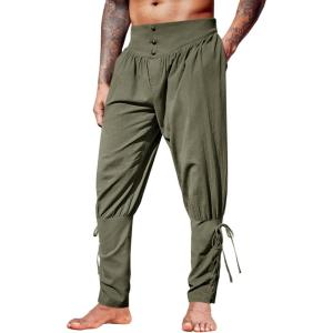 imageRuncati Mens Medieval Ankle Pants Renaissance Viking Pirate Lace Up Tapered Halloween Linen Costume TrousersArmy Green