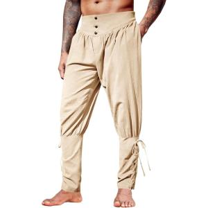 imageRuncati Mens Medieval Ankle Pants Renaissance Viking Pirate Lace Up Tapered Halloween Linen Costume TrousersBeige