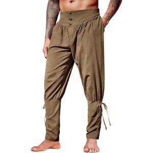 imageRuncati Mens Medieval Ankle Pants Renaissance Viking Pirate Lace Up Tapered Halloween Linen Costume TrousersBrown