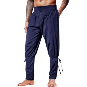 imageRuncati Mens Medieval Ankle Pants Renaissance Viking Pirate Lace Up Tapered Halloween Linen Costume TrousersNavy