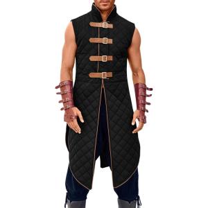 imageRuncati Mens Padded Gambeson Vest Sleeveless Aketon Armor Medieval Knight Surcoat Halloween LARP Costume DressBlack
