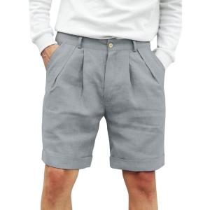 imageRuncati Mens Cotton Linen Flat Front Shorts Button Up Closure Elastic Waist Regular Fit Summer Beach ShortsGrey