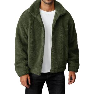 imageRuncati Mens Fuzzy Sherpa Jacket Long Sleeve Fleece Zip Up Coat Fall Winter Warm OutwearArmy Green
