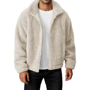 imageRuncati Mens Fuzzy Sherpa Jacket Long Sleeve Fleece Zip Up Coat Fall Winter Warm OutwearBeige