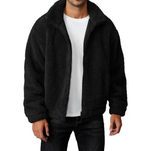 imageRuncati Mens Fuzzy Sherpa Jacket Long Sleeve Fleece Zip Up Coat Fall Winter Warm OutwearBlack