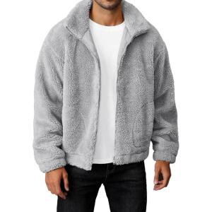 imageRuncati Mens Fuzzy Sherpa Jacket Long Sleeve Fleece Zip Up Coat Fall Winter Warm OutwearGray