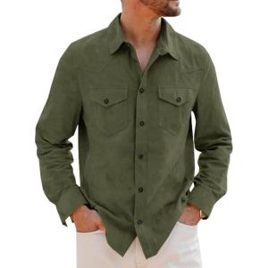 imageRuncati Mens Long Sleeve Suede Shirts Button Down Shacket Casual Work Western Regular Fit Shirt JacketArmy Green