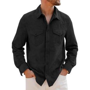 imageRuncati Mens Long Sleeve Suede Shirts Button Down Shacket Casual Work Western Regular Fit Shirt JacketBlack