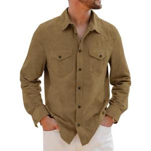 imageRuncati Mens Long Sleeve Suede Shirts Button Down Shacket Casual Work Western Regular Fit Shirt JacketBrown