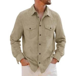 imageRuncati Mens Long Sleeve Suede Shirts Button Down Shacket Casual Work Western Regular Fit Shirt JacketKhaki