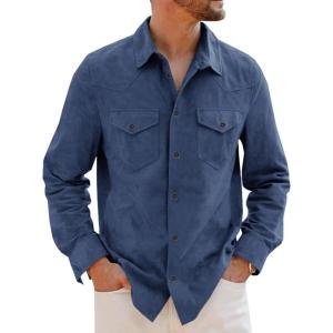 imageRuncati Mens Long Sleeve Suede Shirts Button Down Shacket Casual Work Western Regular Fit Shirt JacketNavy Blue