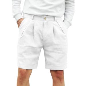 imageRuncati Mens Cotton Linen Flat Front Shorts Button Up Closure Elastic Waist Regular Fit Summer Beach ShortsWhite