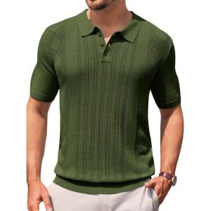 imageRuncati Mens Knit Polo Shirts Short Sleeve Slim Fit Casual Golf Shirts Hollow Out Cotton Summer Textured TopsArmy Green