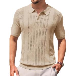 imageRuncati Mens Knit Polo Shirts Short Sleeve Slim Fit Casual Golf Shirts Hollow Out Cotton Summer Textured TopsBeige