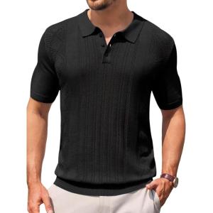 imageRuncati Mens Knit Polo Shirts Short Sleeve Slim Fit Casual Golf Shirts Hollow Out Cotton Summer Textured TopsBlack