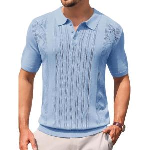 imageRuncati Mens Knit Polo Shirts Short Sleeve Slim Fit Casual Golf Shirts Hollow Out Cotton Summer Textured TopsBlue
