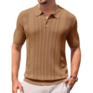 imageRuncati Mens Knit Polo Shirts Short Sleeve Slim Fit Casual Golf Shirts Hollow Out Cotton Summer Textured TopsBrown