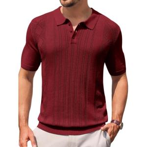 imageRuncati Mens Knit Polo Shirts Short Sleeve Slim Fit Casual Golf Shirts Hollow Out Cotton Summer Textured TopsBurgundy