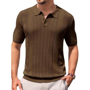 imageRuncati Mens Knit Polo Shirts Short Sleeve Slim Fit Casual Golf Shirts Hollow Out Cotton Summer Textured TopsCoffee