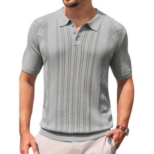 imageRuncati Mens Knit Polo Shirts Short Sleeve Slim Fit Casual Golf Shirts Hollow Out Cotton Summer Textured TopsLight Grey