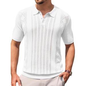 imageRuncati Mens Knit Polo Shirts Short Sleeve Slim Fit Casual Golf Shirts Hollow Out Cotton Summer Textured TopsWhite