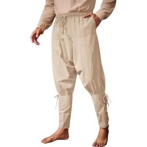 imageRuncati Mens Medieval Ankle Banded Pants Renaissance Viking Pirate Navigator Costume Pants Lace Up Cotton Halloween TrousersBeige