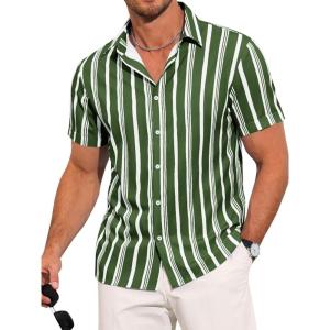 imageRuncati Mens Casual Striped Shirts Button Down Short Sleeve Summer Hawaiian Shirt Hippie Beach Vacation TopsArmy Green