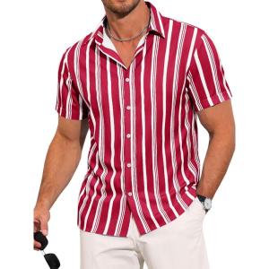 imageRuncati Mens Casual Striped Shirts Button Down Short Sleeve Summer Hawaiian Shirt Hippie Beach Vacation TopsBurgundy