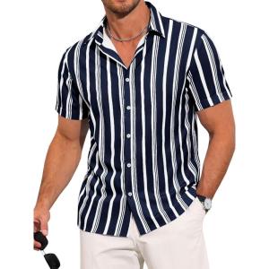 imageRuncati Mens Casual Striped Shirts Button Down Short Sleeve Summer Hawaiian Shirt Hippie Beach Vacation TopsNavy