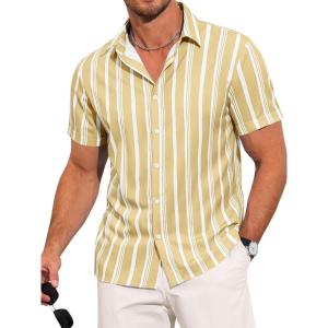 imageRuncati Mens Casual Striped Shirts Button Down Short Sleeve Summer Hawaiian Shirt Hippie Beach Vacation TopsYellow