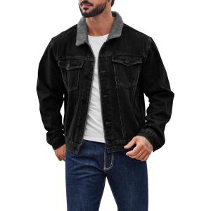 imageRuncati Mens Sherpa Fleece Lined Denim Jacket Casual Winter Warm Button Down Trucker Jacket Coat with PocketBlack
