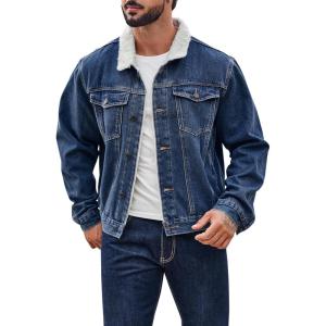 imageRuncati Mens Sherpa Fleece Lined Denim Jacket Casual Winter Warm Button Down Trucker Jacket Coat with PocketNavy