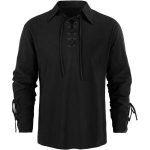 imageMens Medieval Pirate Shirt Steampunk Retro Renaissance Viking Long Sleeve Lace Up Mercenary Halloween Scottish TopsY Black