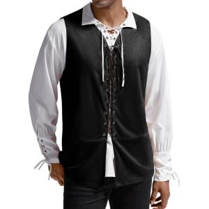 imageRuncati Mens Medieval Renaissance Vest Pirate Gothic Halloween Costume Suede Lace Up Reversible WaistcoatBlack
