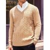 imageRuncati Mens V Neck Sweater Cable Knit Long Sleeve Casual Ribbed Twisted Pullover SweatersKhaki